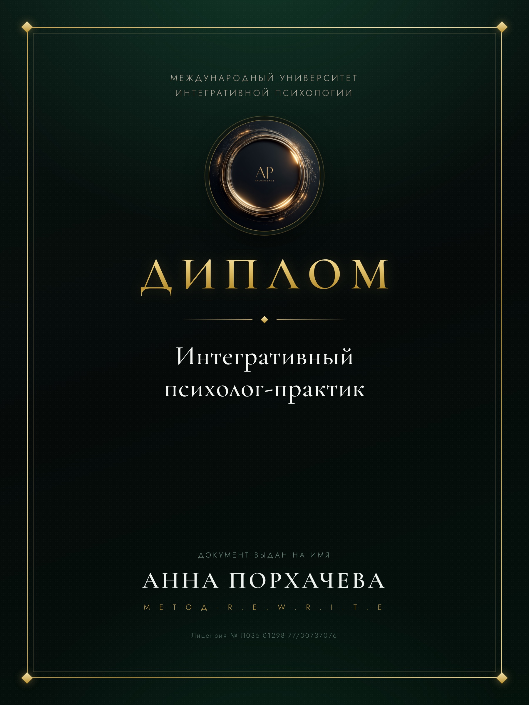 Диплом: Интегративный психолог-практик — Анна Порхачёва
